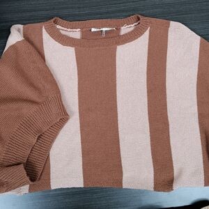 NWOT Trina Turk Striped Brown and Peach Boatneck 3/4 Sleeve M  Cropped Sweater
